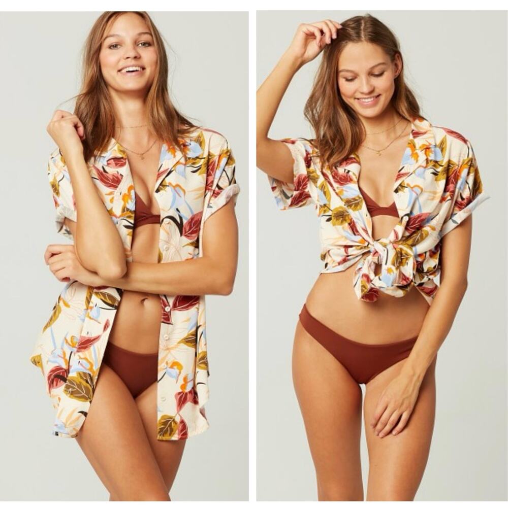 L Space Island Time Collared Button Down Shirt Folliage Top Aloha Cover-Up Small